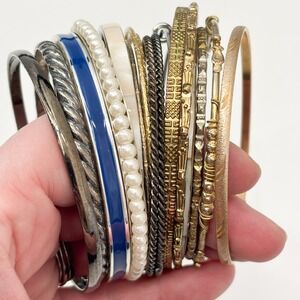 Lot of 17 Bangle Bracelets – Mixed Silver & Gold Tone, Charm, Shell Inlay, Stack